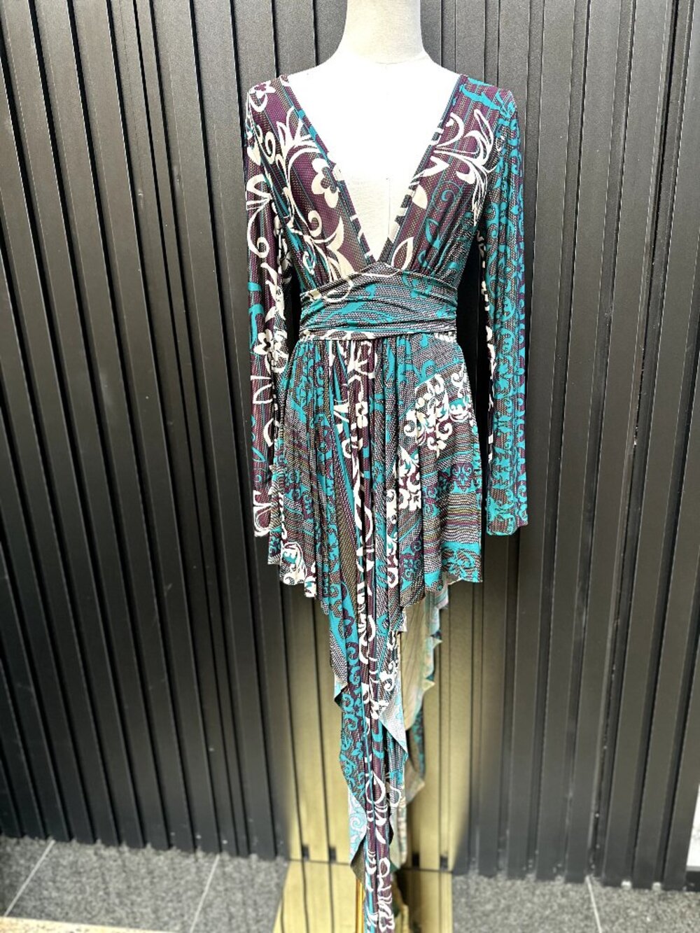Boho Paisley Print Wrap Dress Asymmetrical Hem Teal Purple